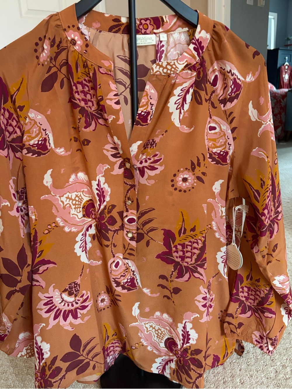 Spartina 449 Rust Floral Split-Neck Blouse with Pink and Burgundy Accents